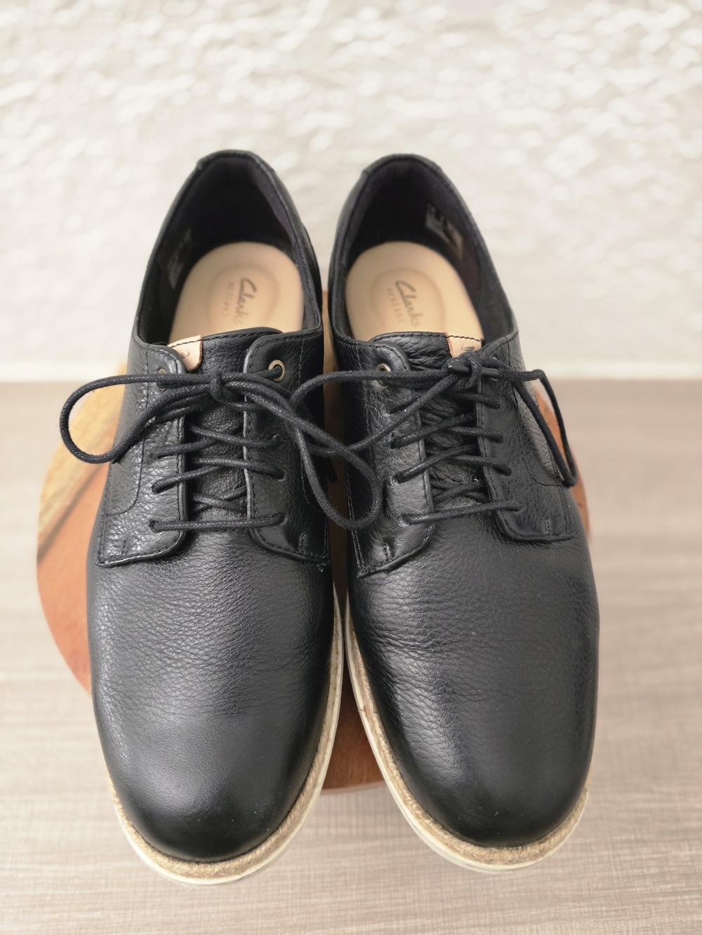 Clarks Artisan Black Pebble Leather Espadrille Platform Oxfords Women's Size 8